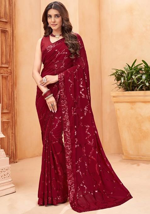 Maroon Sequin Embroidered Woven Saree Set