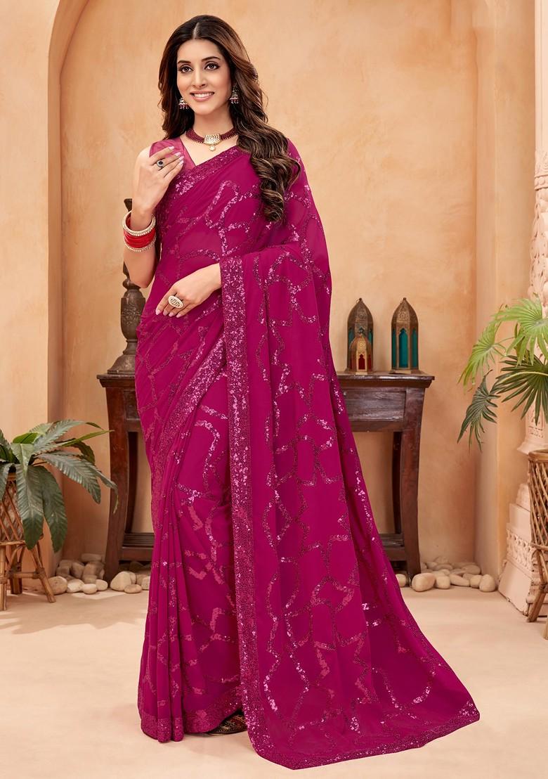 Pink Sequin Embroidered Woven Saree Set