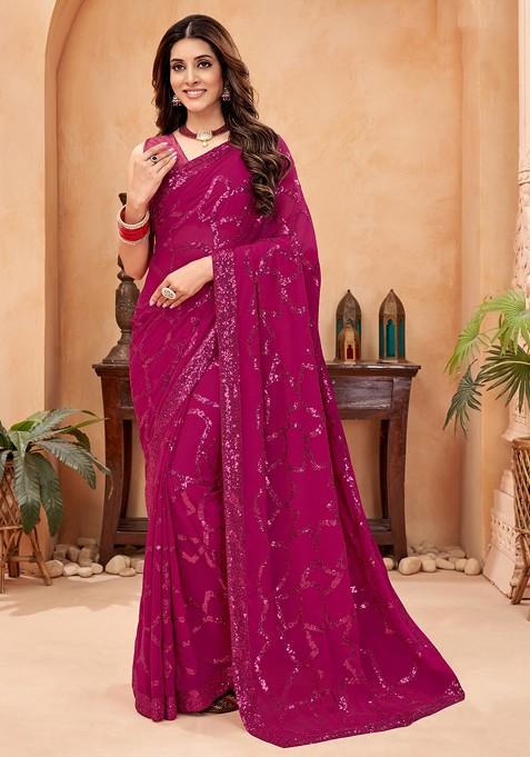 Pink Sequin Embroidered Woven Saree Set