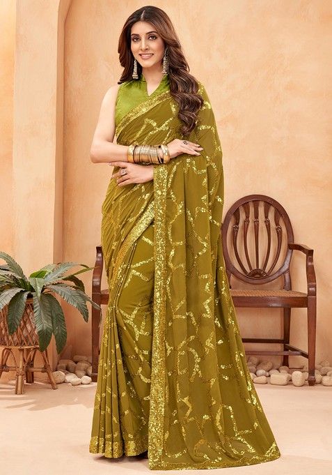 Green Sequin Embroidered Woven Saree Set