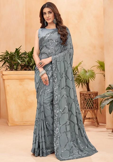 Grey Sequin Embroidered Woven Saree Set