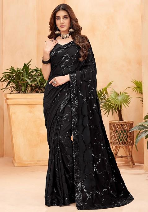 Black Sequin Embroidered Woven Saree Set