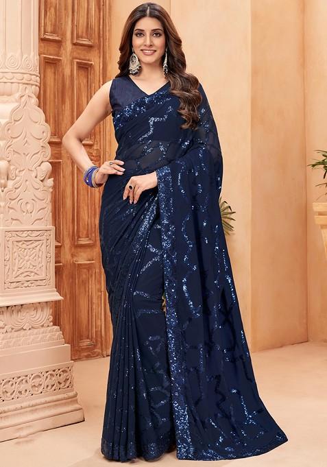 Blue Sequin Embroidered Woven Saree Set