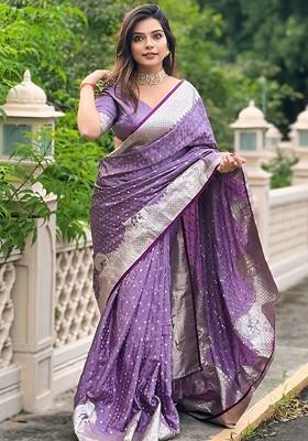 Purple Zari Work Woven Saree Set