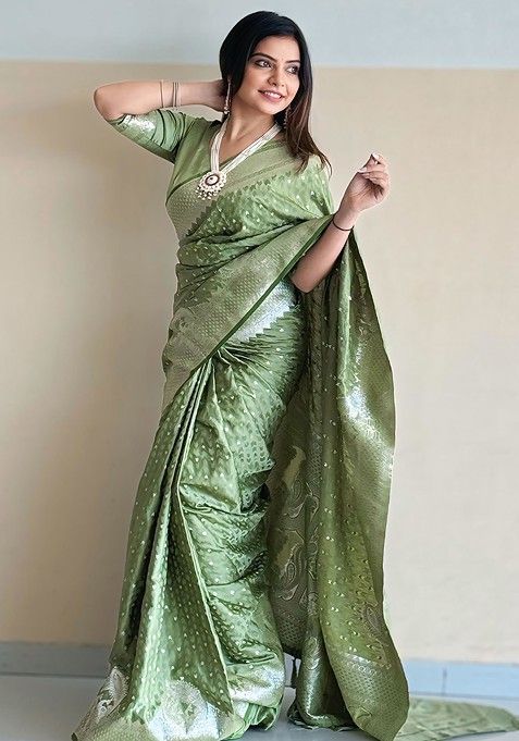 Green Zari Work Woven Saree Set