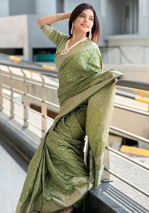 Green Zari Work Woven Saree Set
