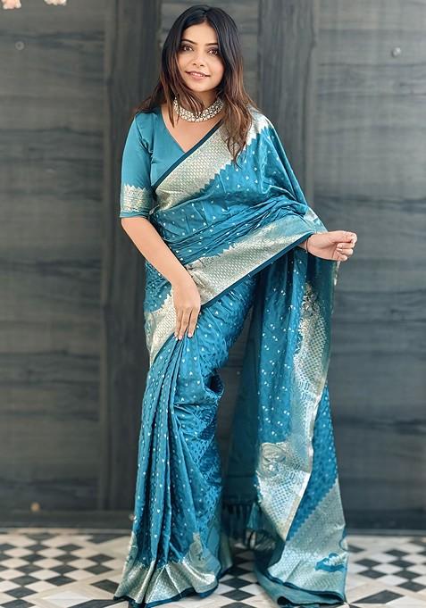 Blue Zari Work Woven Saree Set