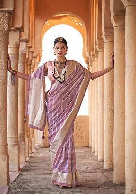Purple Printed Woven Saree Set
