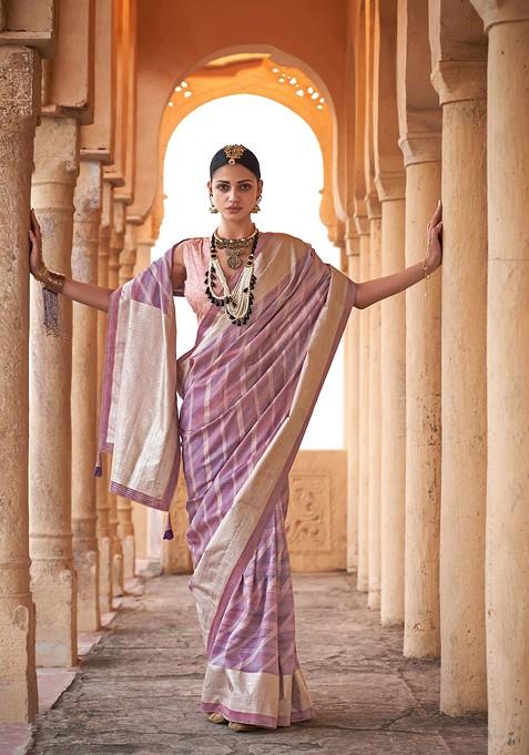 Purple Printed Woven Saree Set