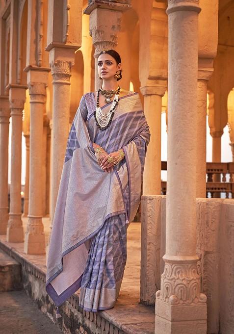 Blue Printed Woven Saree Set