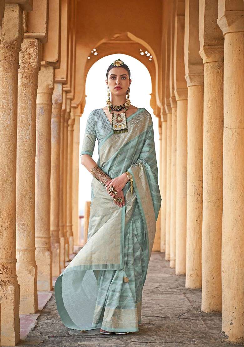 Sea Green Printed Woven Saree Set - Indya