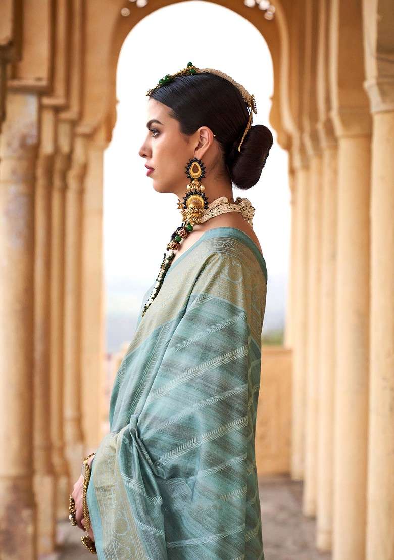 Sea Green Printed Woven Saree Set - Indya