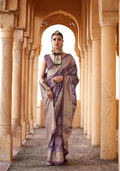 Grey Printed Woven Saree Set