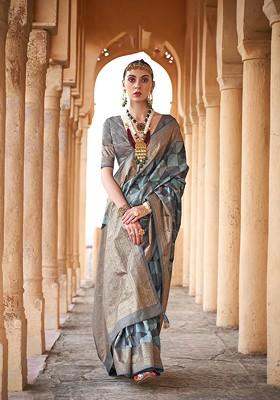 Green Printed Woven Saree Set