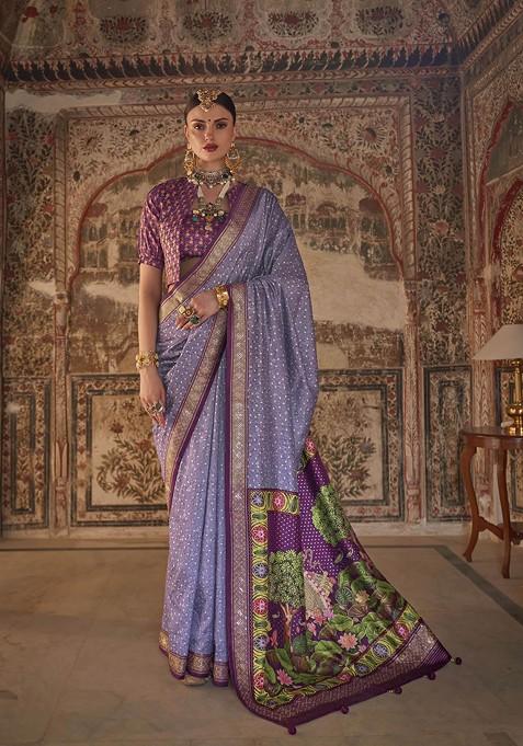 Purple Printed Woven Saree Set