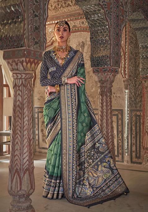 Green Printed Woven Saree Set