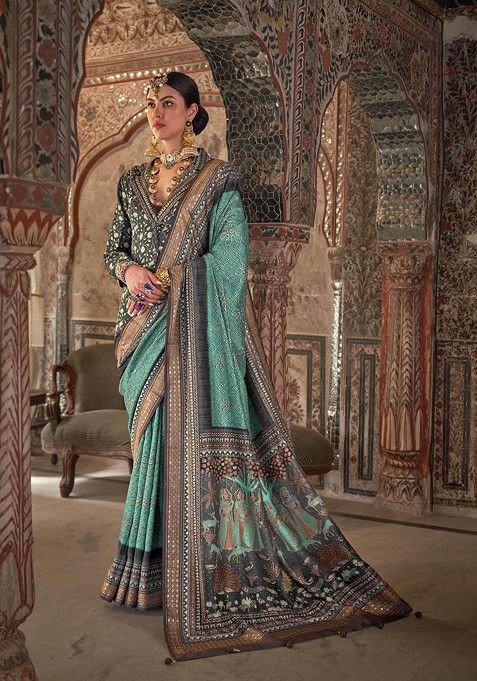 Sea Green Printed Woven Saree Set