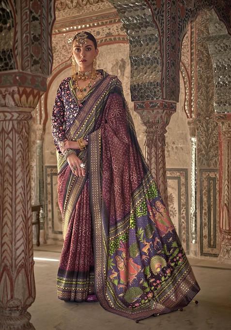 Wine Printed Woven Saree Set