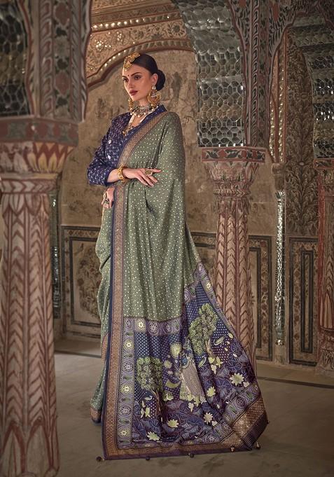 Grey Printed Woven Saree Set