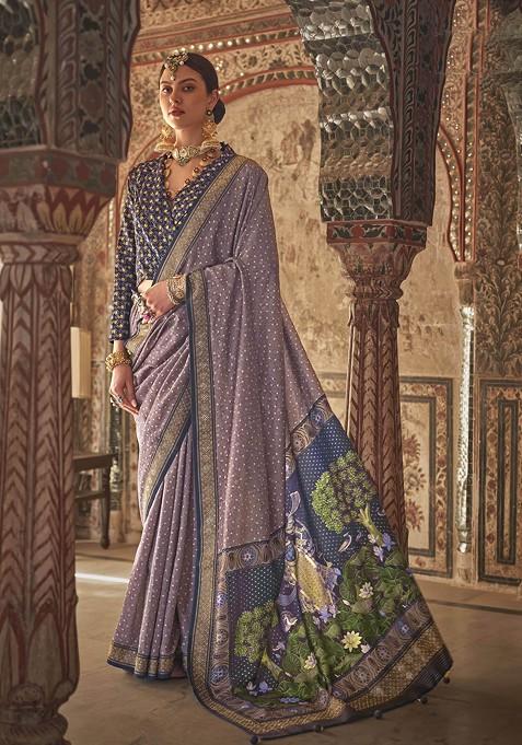 Purple Printed Woven Saree Set