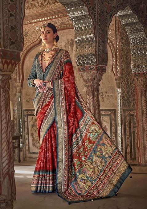 Red Printed Woven Saree Set