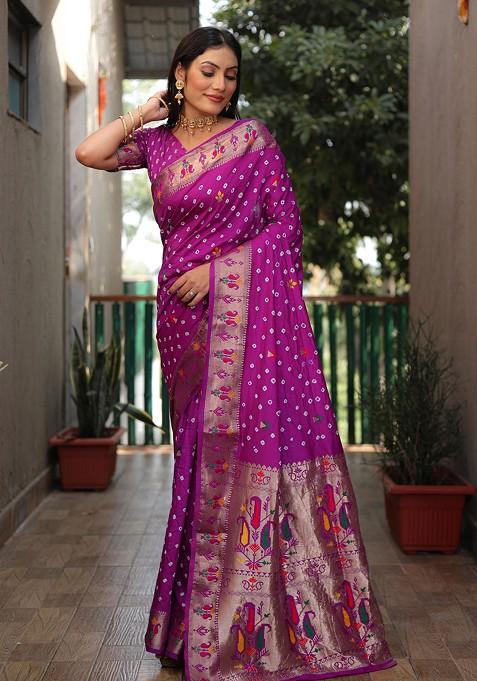 Purple Printed Woven Saree Set