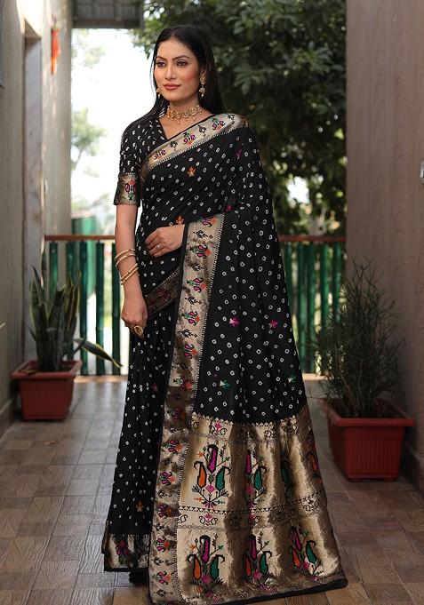 Black Printed Woven Saree Set