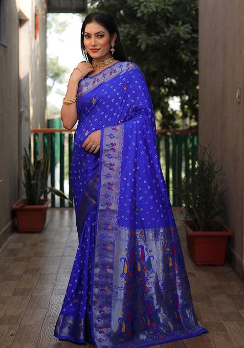 Blue Printed Woven Saree Set