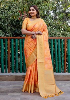 Orange Printed Woven Saree Set