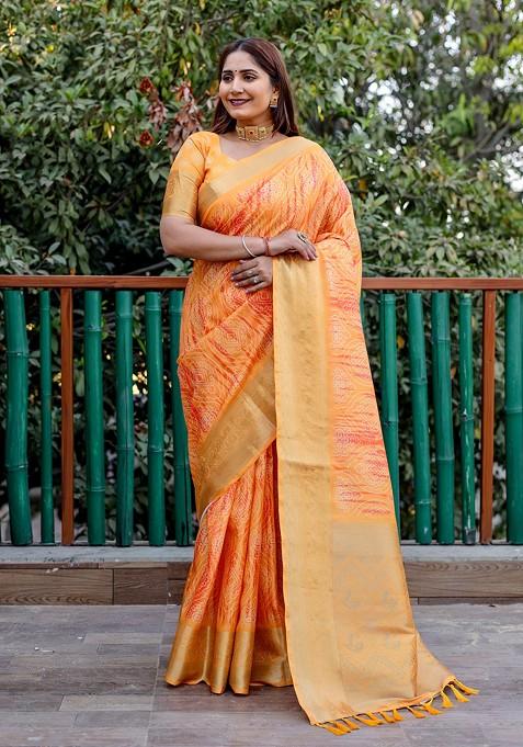 Orange Printed Woven Saree Set