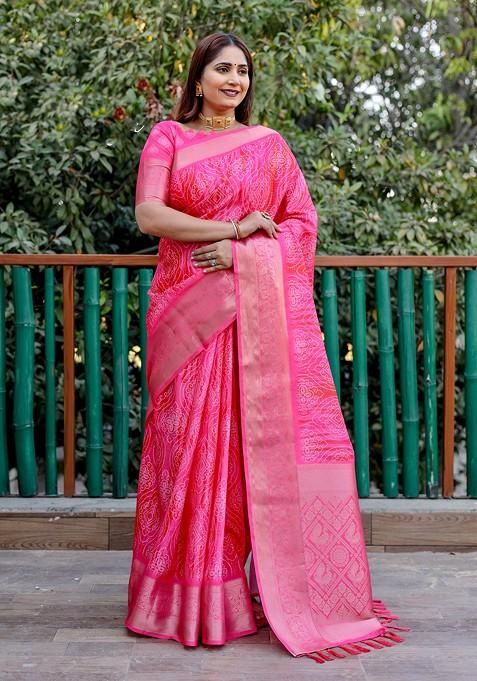 Pink Printed Woven Saree Set