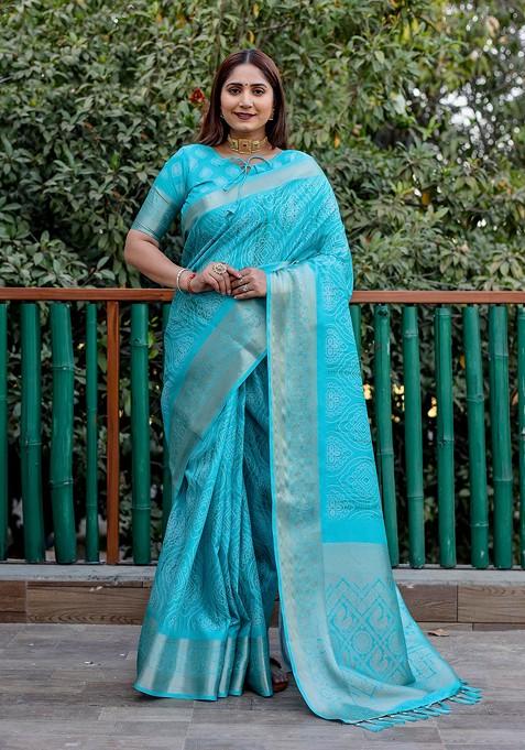 Sea Green Printed Woven Saree Set