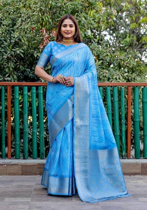 Blue Printed Woven Saree Set