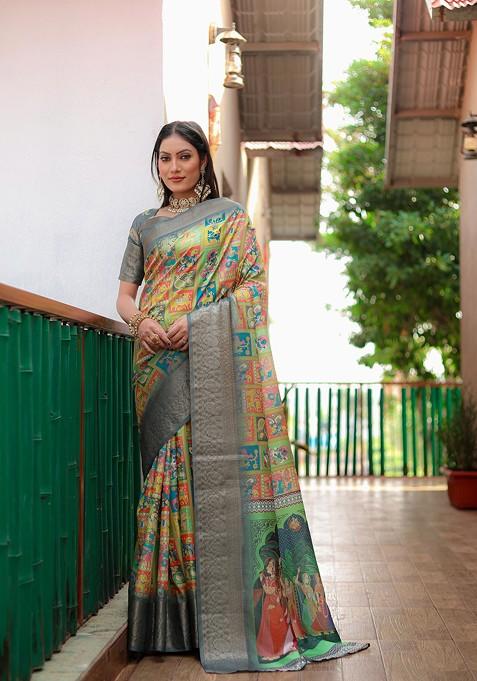 Grey Printed Woven Saree Set