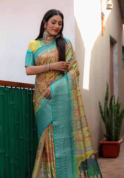 Blue Printed Woven Saree Set