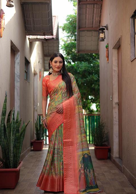 Orange Printed Woven Saree Set