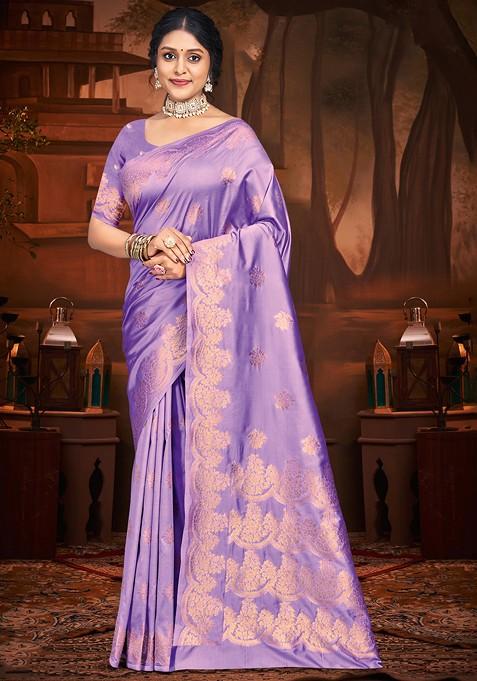 Purple Zari Work Woven Saree Set