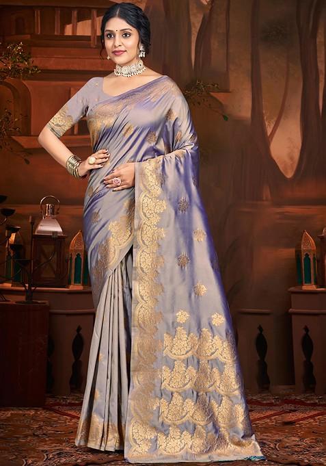 Grey Zari Work Woven Saree Set