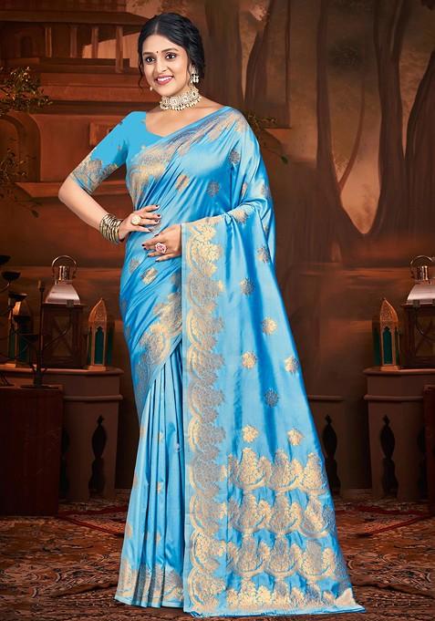 Blue Zari Work Woven Saree Set