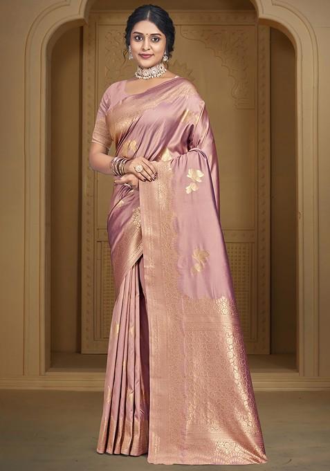 Pink Zari Work Woven Saree Set