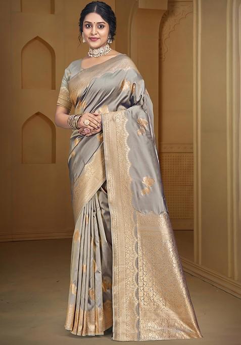 Grey Zari Work Woven Saree Set