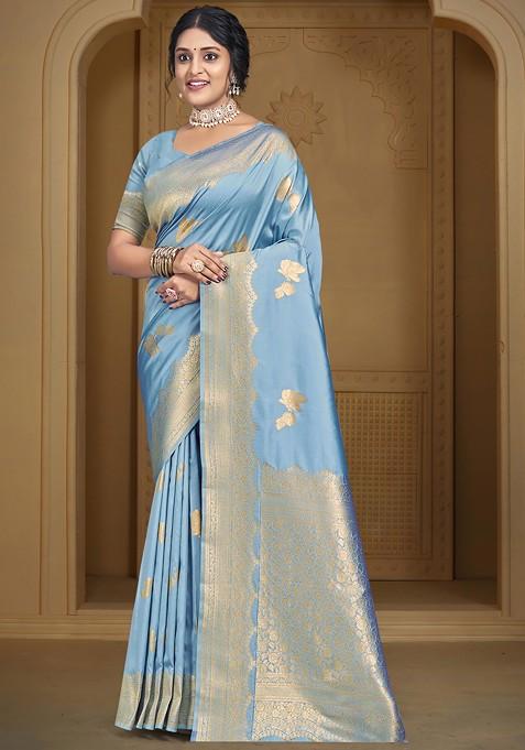 Blue Zari Work Woven Saree Set