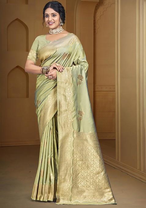 Green Zari Work Woven Saree Set