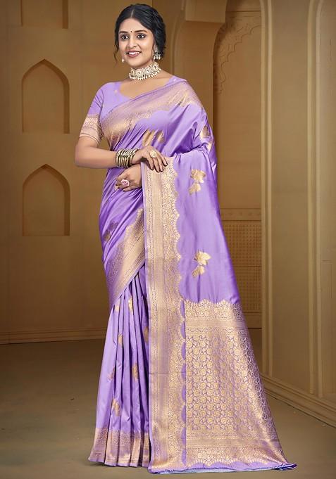 Purple Zari Work Woven Saree Set