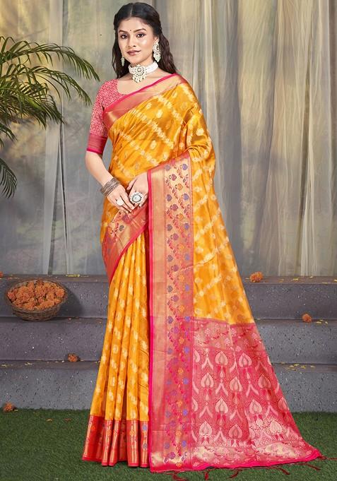 Yellow Zari Work Woven Saree Set