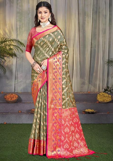 Grey Zari Work Woven Saree Set