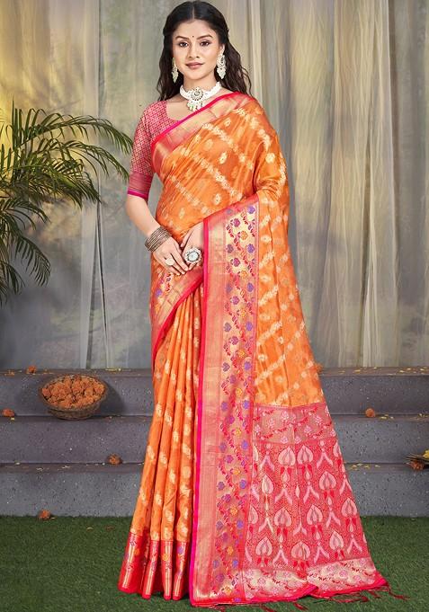 Orange Zari Work Woven Saree Set