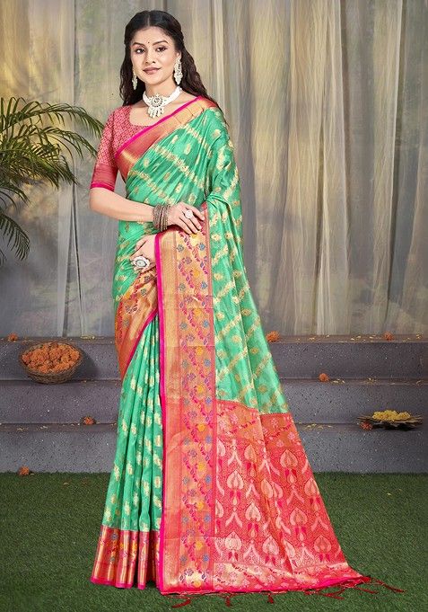 Sea Green Zari Work Woven Saree Set