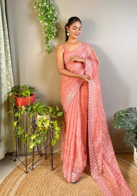 Peach Embroidered Woven Saree Set