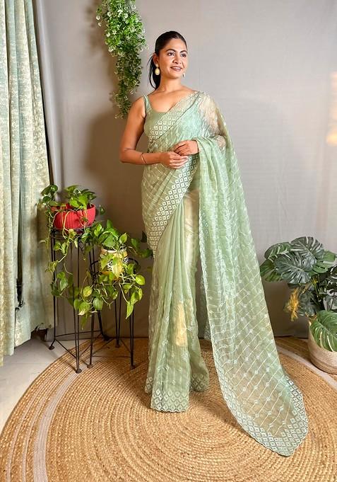 Green Embroidered Woven Saree Set